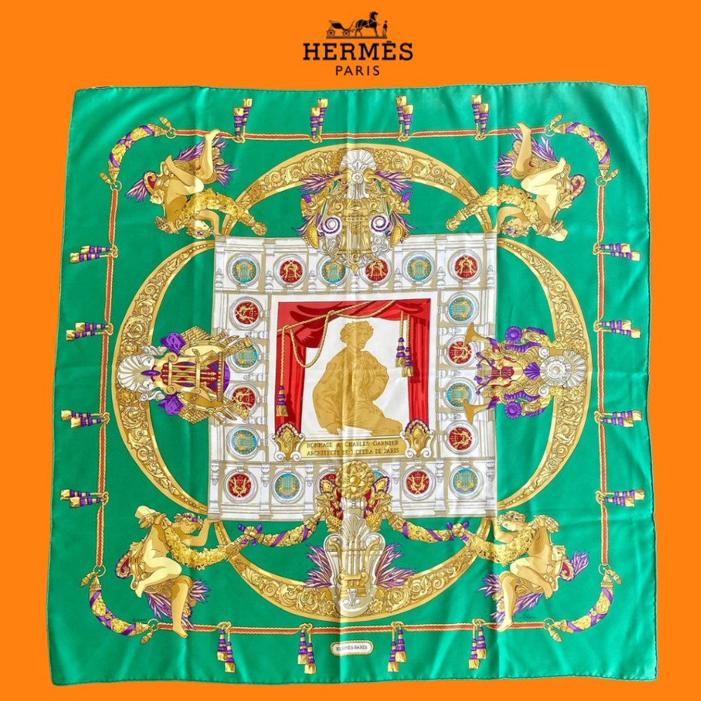 NWOT Authentic Hermes Scarf 100% Silk Green Palais Garnier Theme Exquisite Cond